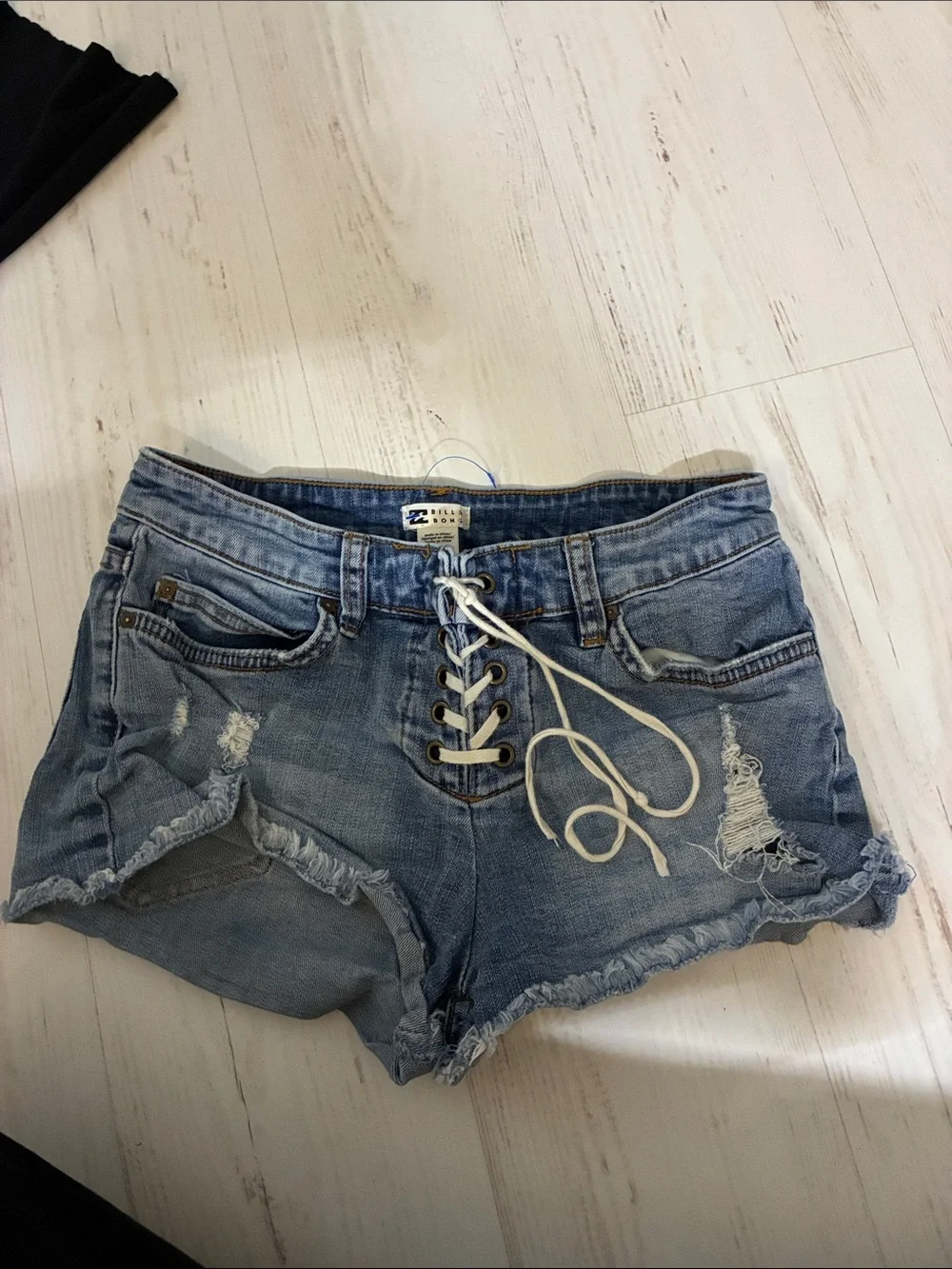 Billabong Lace-Up Distressed Denim Shorts - Light Blue Wash